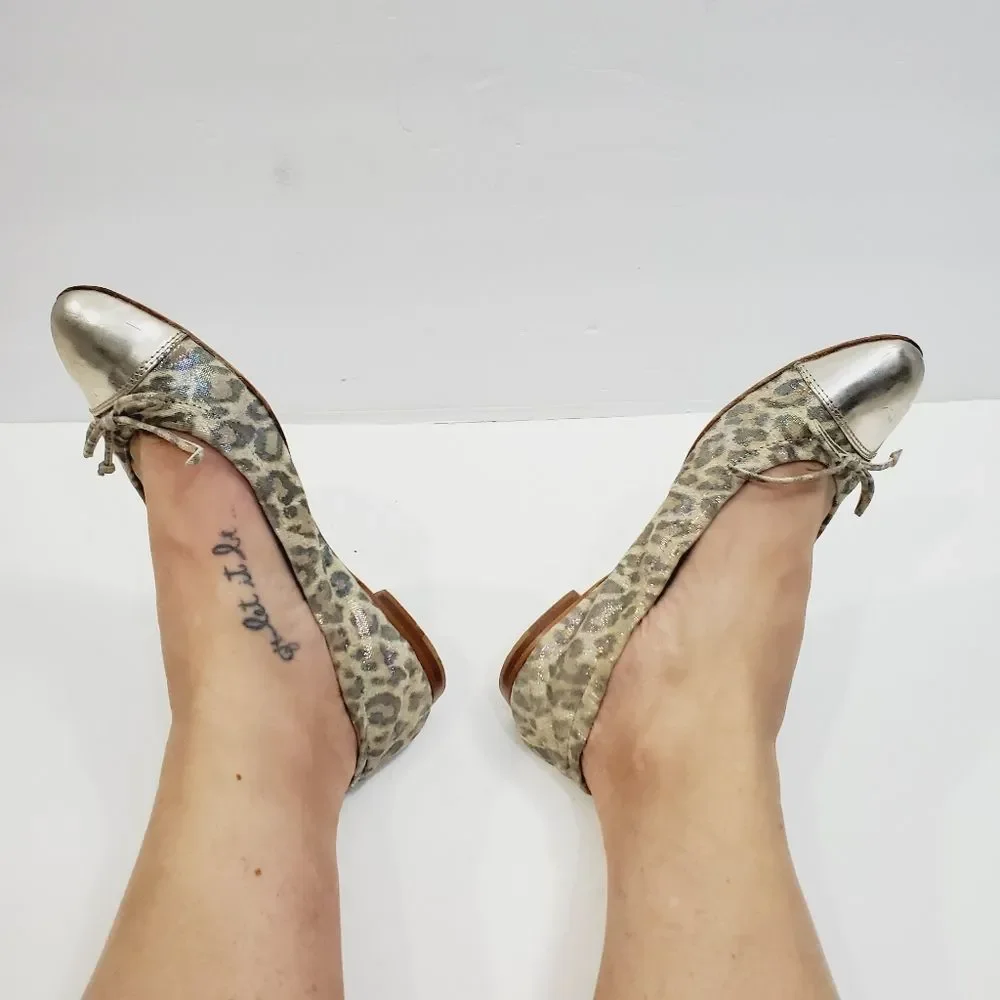 $300 AGL leopard shimmer leather bow cap toe ballerina Flats siz…